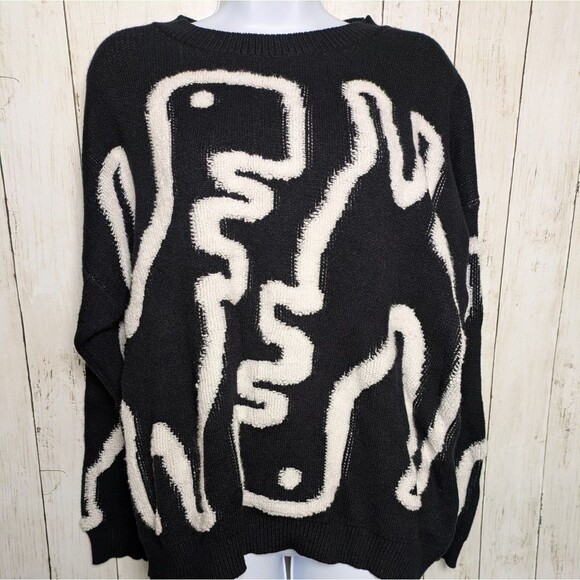 Black White Pixel Dinosaur Sweater XL Quirky Graphic Knit Cozy Geek Goth Cute - Picture 8 of 9